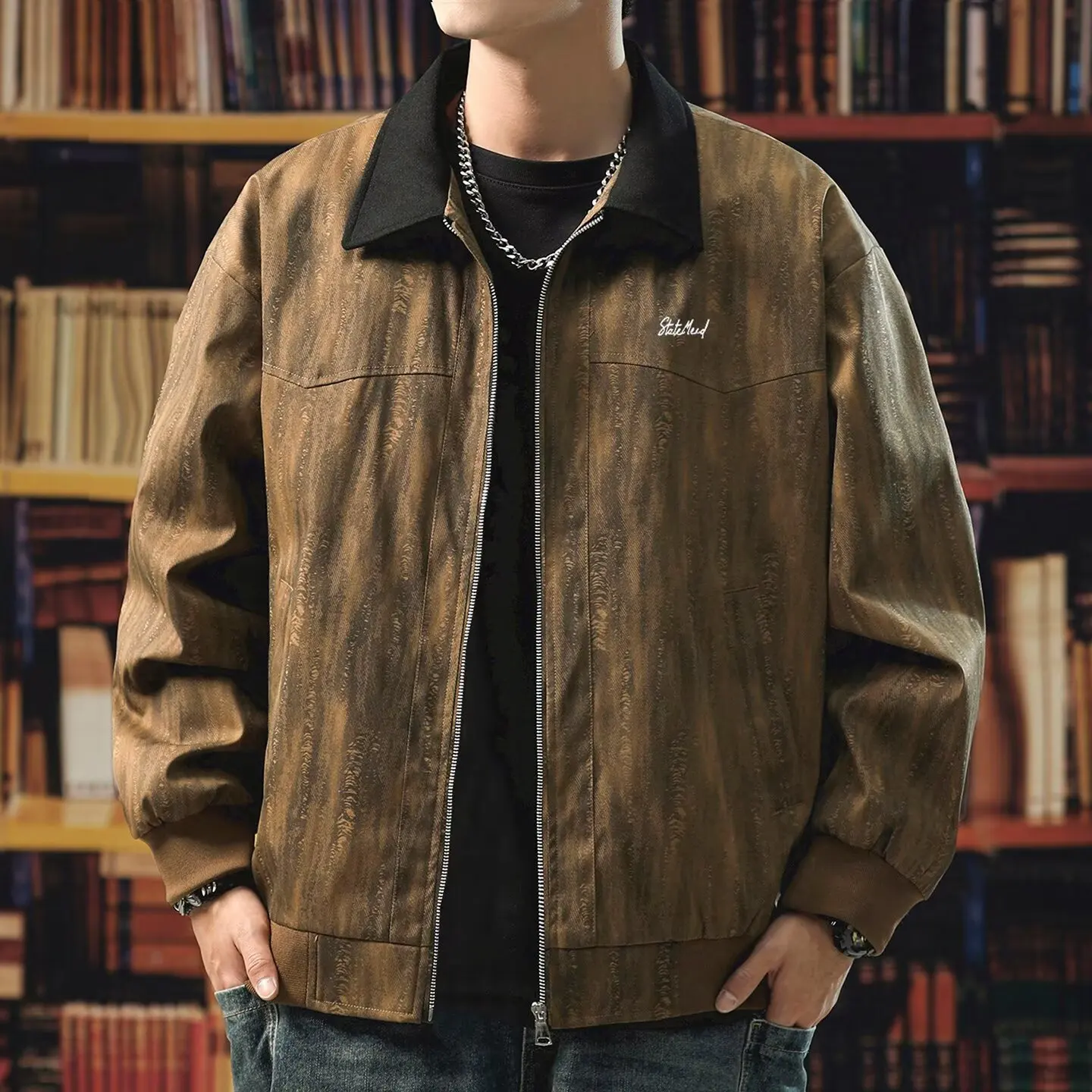 

American retro brown leather jacket men's trendy brand high-end feel European and American street ruffian handsome couple loose