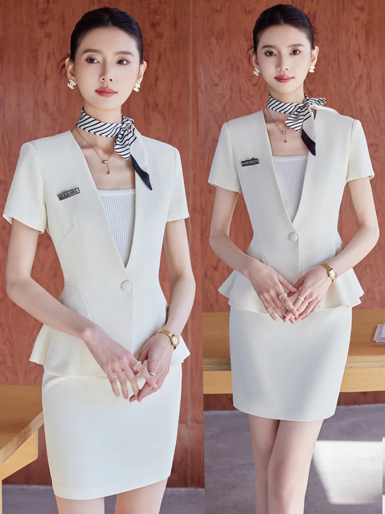 

White Professional Short Sleeve Suit Set for Women Summer Beauty Salon Jewelry Store Work Uniform Career Skirt Ensemble
