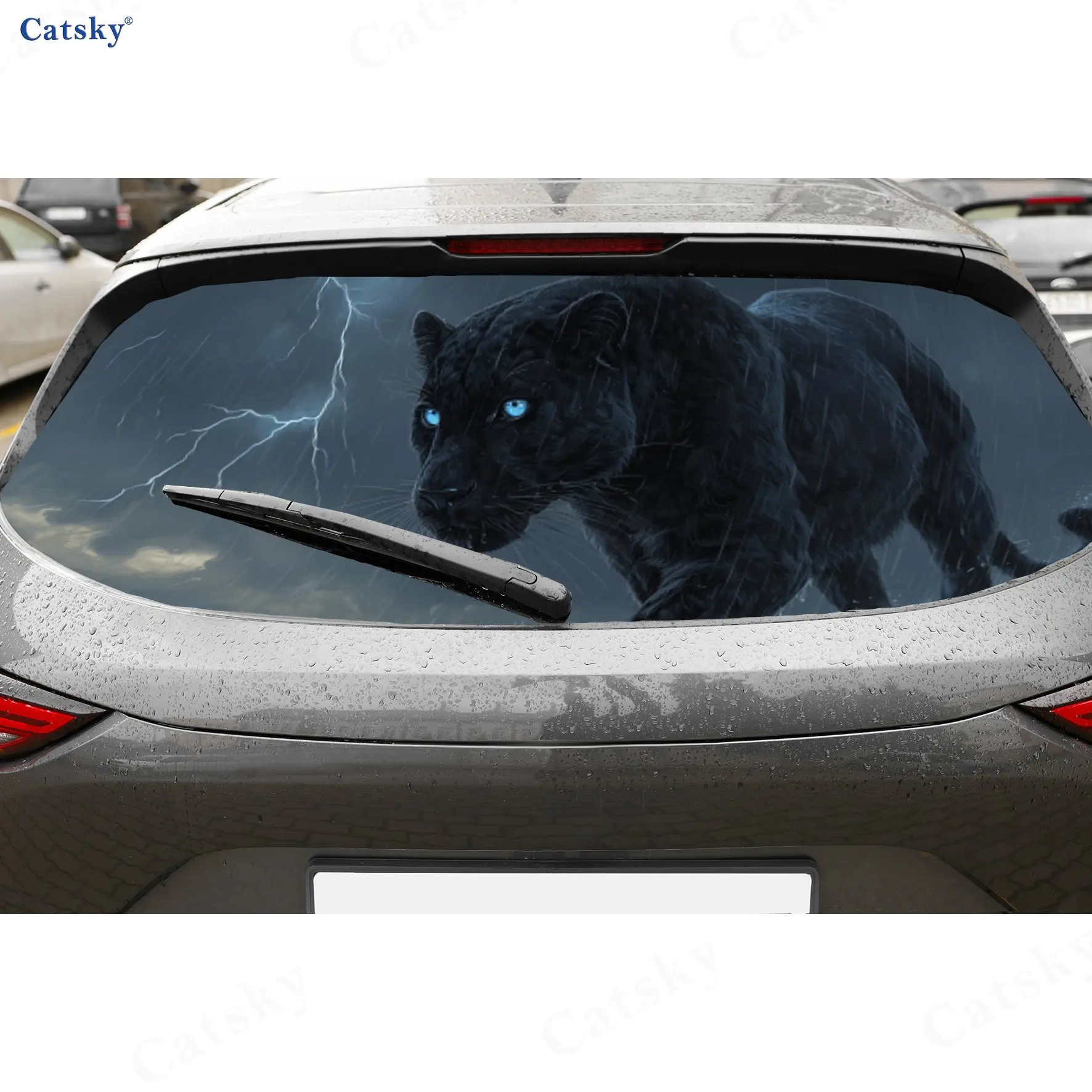 

Thunder Blue-Eye Panther Wildlife Charm PVC Perforated Car Vinyl Wraps, Durable Car Rear Windshield Sticker, Waterproof Car Rear