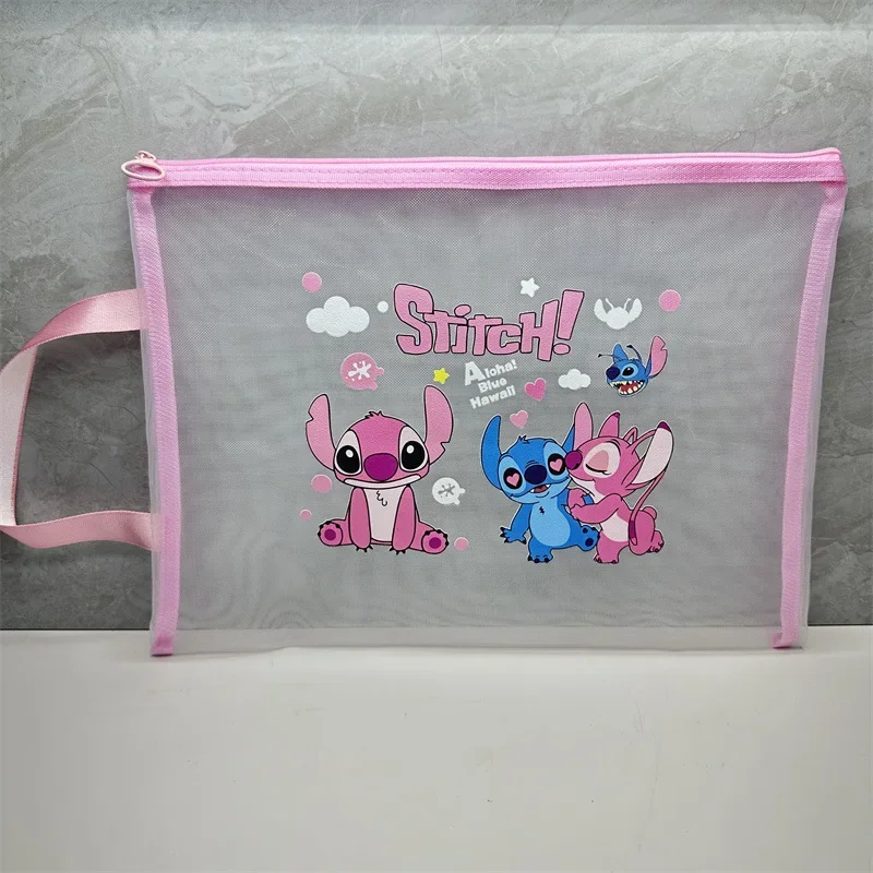 Disney-Nylon Mesh Zipper Tote Bag, Lilo & Stitch File Bag, papelaria bonito do estudante, saco de armazenamento claro, material escolar, 2024