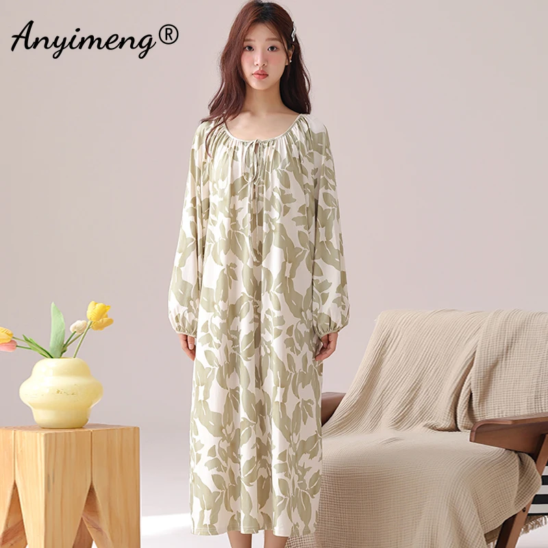 Spring Elegant Women Nightgowns Vintage Court Style Lady Dress Autumn Faux Cotton Nightdress Leisure Gorgeous Long Sleepshirt