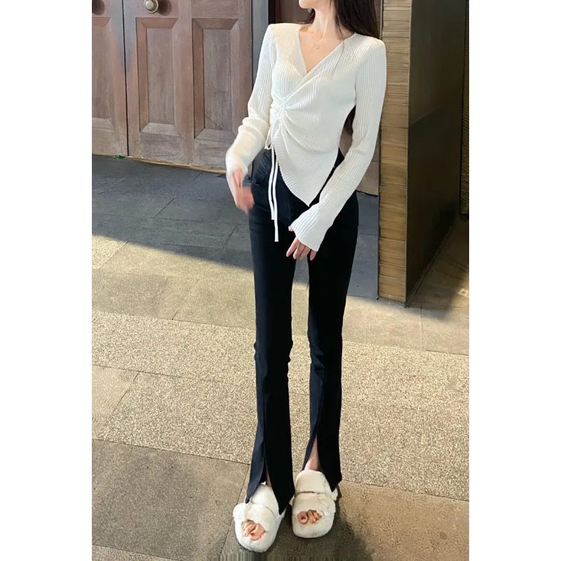 الخريف الشتاء الخامس الرقبة المرأة محبوك قاعدة قميص طويل الأكمام غير النظامية الفرنسية الخصر تصميم بلون ضئيلة المرأة الأعلى