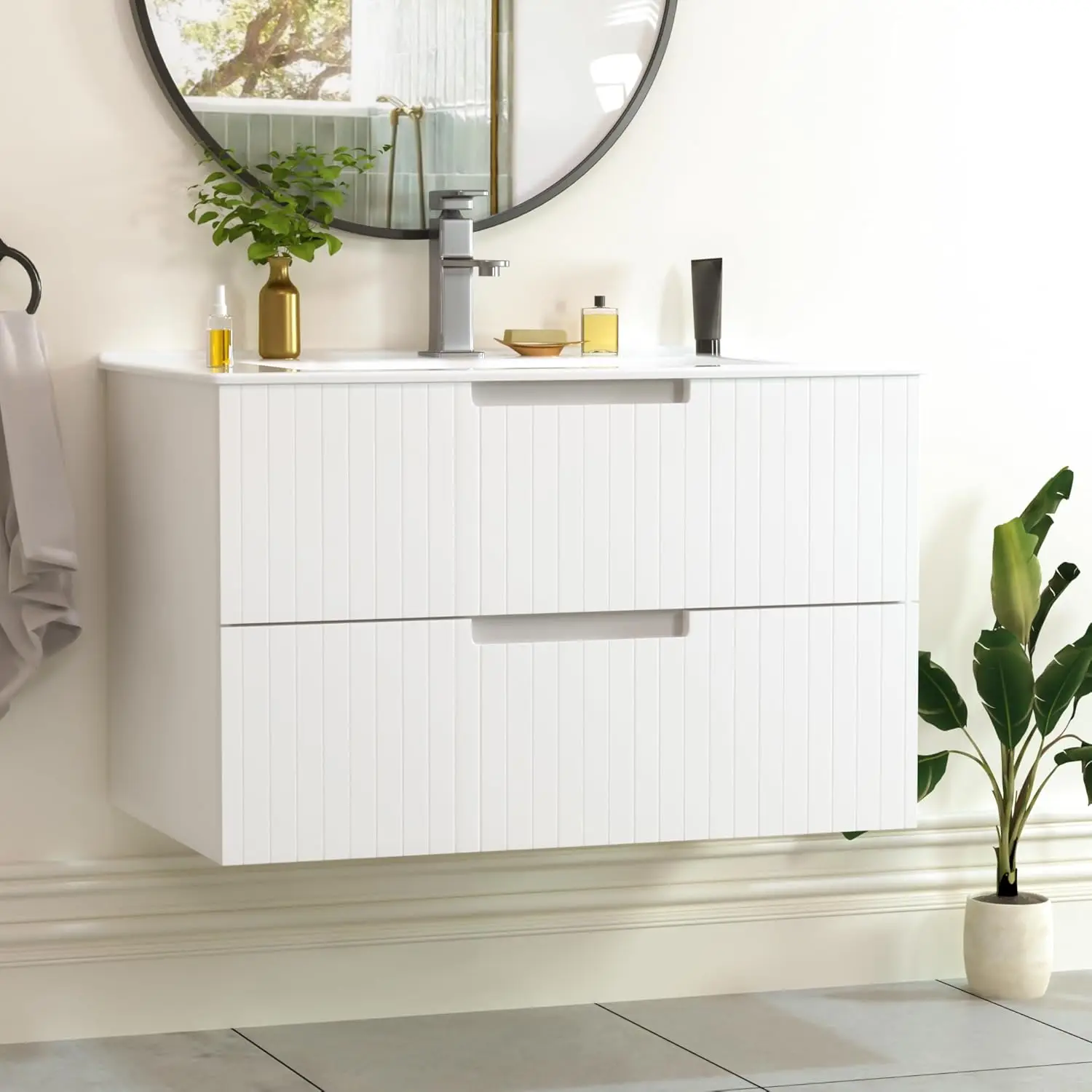 30 Inch Bathroom Vanity,Floating Bathroom Vanity with Ceramic Sink Set,Wall Mounted Floating Cabinet,2 Extra Big Drawers