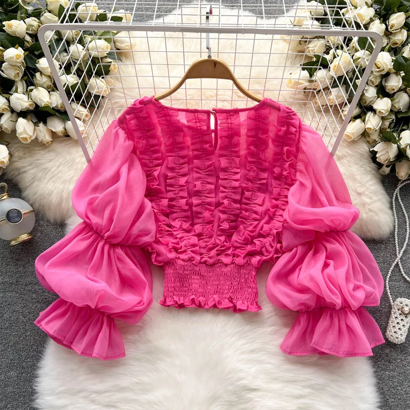 Pretty women\'s Ruffled blouses 2022 New Pink Slim O-neck long puff sleeve tops female shirt Beach Designer clothing INKEO 2T167