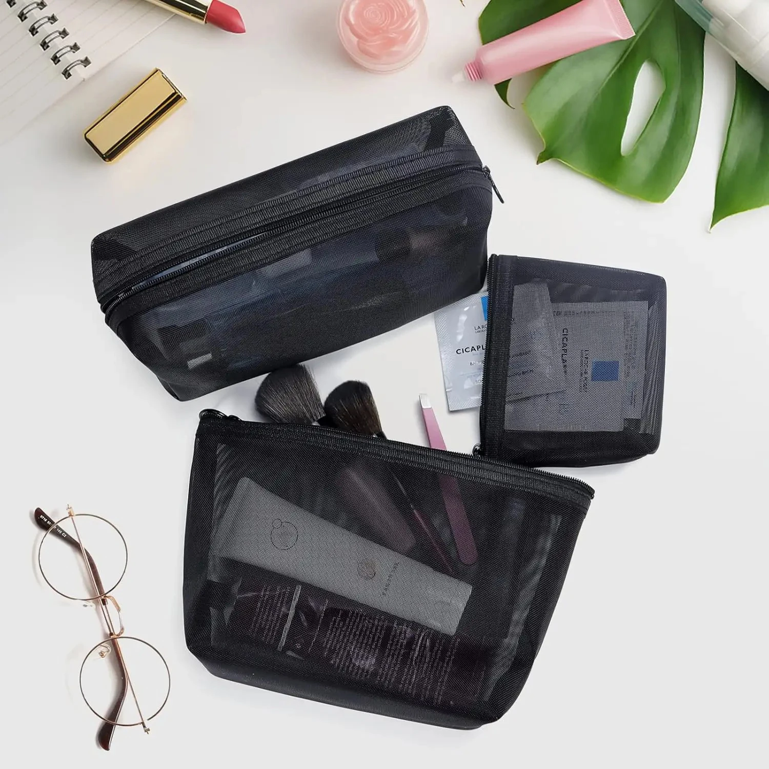 3Pcs Set Small Mesh Makeup Bag Travel Kit - Breathable Cosmetic Pouch with Zippers Portable Organizer
