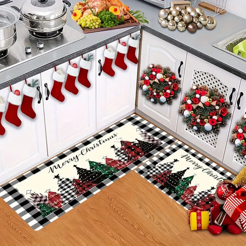 VIKAMA Christmas Kitchen Rug Set 2pc Black White Buffalo Plaid Xmas Tree Merry Christmas Non-Slip Washable Soft Mat Winter Decor