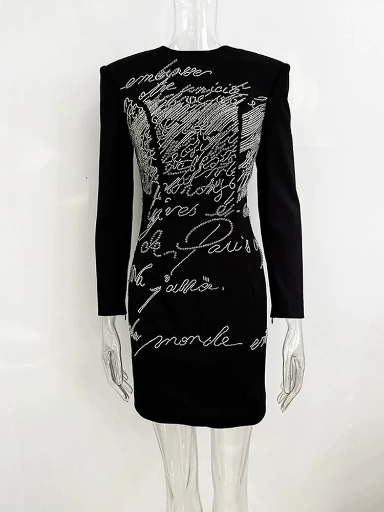 Heavy Embellied Long Sve Slim Fit Elastic Diamond Studded Commute Faion Dr Celebri High Street Sle Polyester Fa...