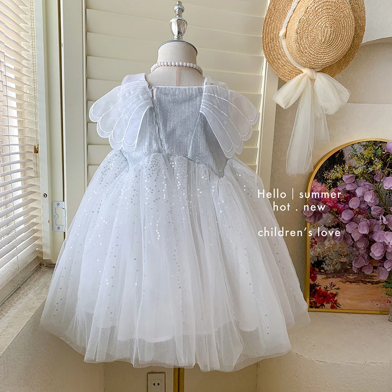 New style fairy wing dress for girls, sleeveless princess dress for birthday, flower girl, and wedding