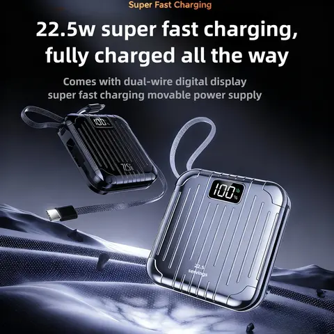 10000mAh Mini Portable Power Bank with Built-in Cable 22.5W USB-C Fast Charging Compact External Battery for IPhone  Xiaomi