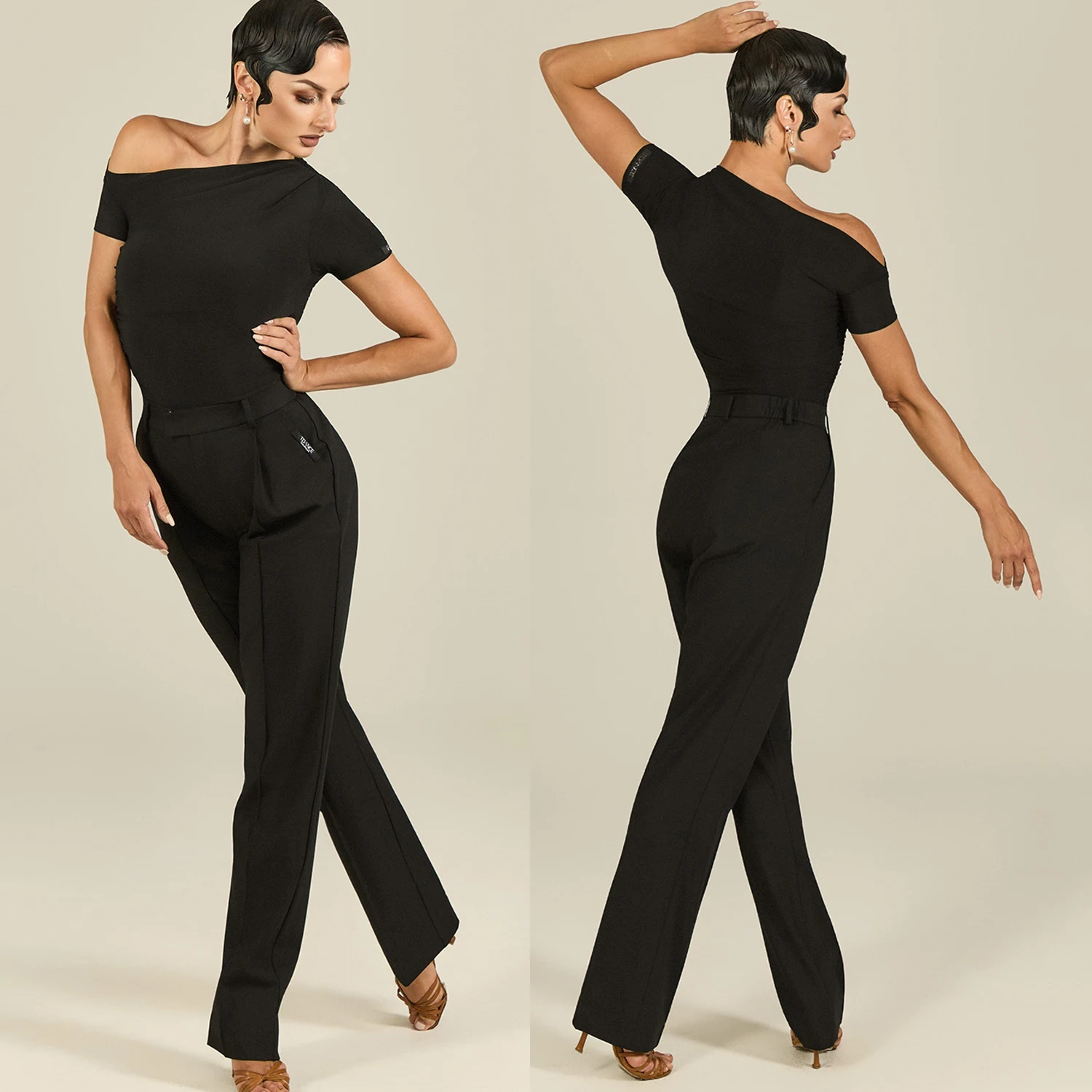 

Adult Latin Ballroom Dance Clothes Women Slant Shoulder Short Sleeves Leotards Black Latin Dance Trousers Practice Wear DNV25902