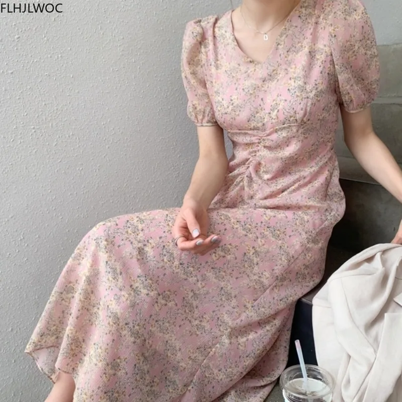 Korean Chic Dress Elegant Office Lady Temperament New 2020 Floral Print V Neck A Line Retro Vintage Dress Pink Vestidos
