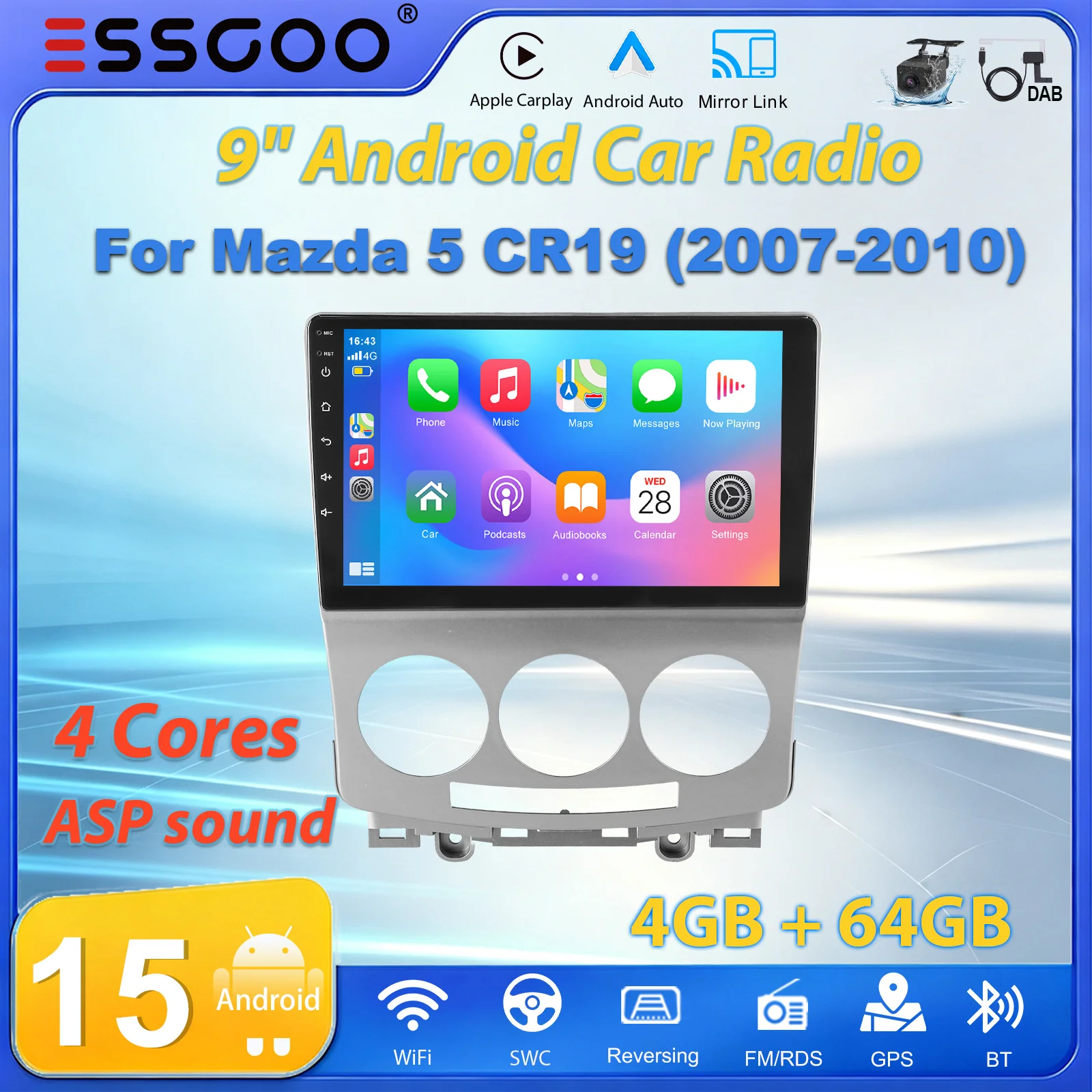 ESSGOO 9" 2 DIN Android 15 Autoradio 2+16G/2+32G/4+64G Android Auto für Mazda 5 CR19 2007-2010 GPS Navi Wireless CarPlay WIFI RDS FM SWC Bluetooth Mirror Link Swc Touchscreen Multimedia-Player Dab+