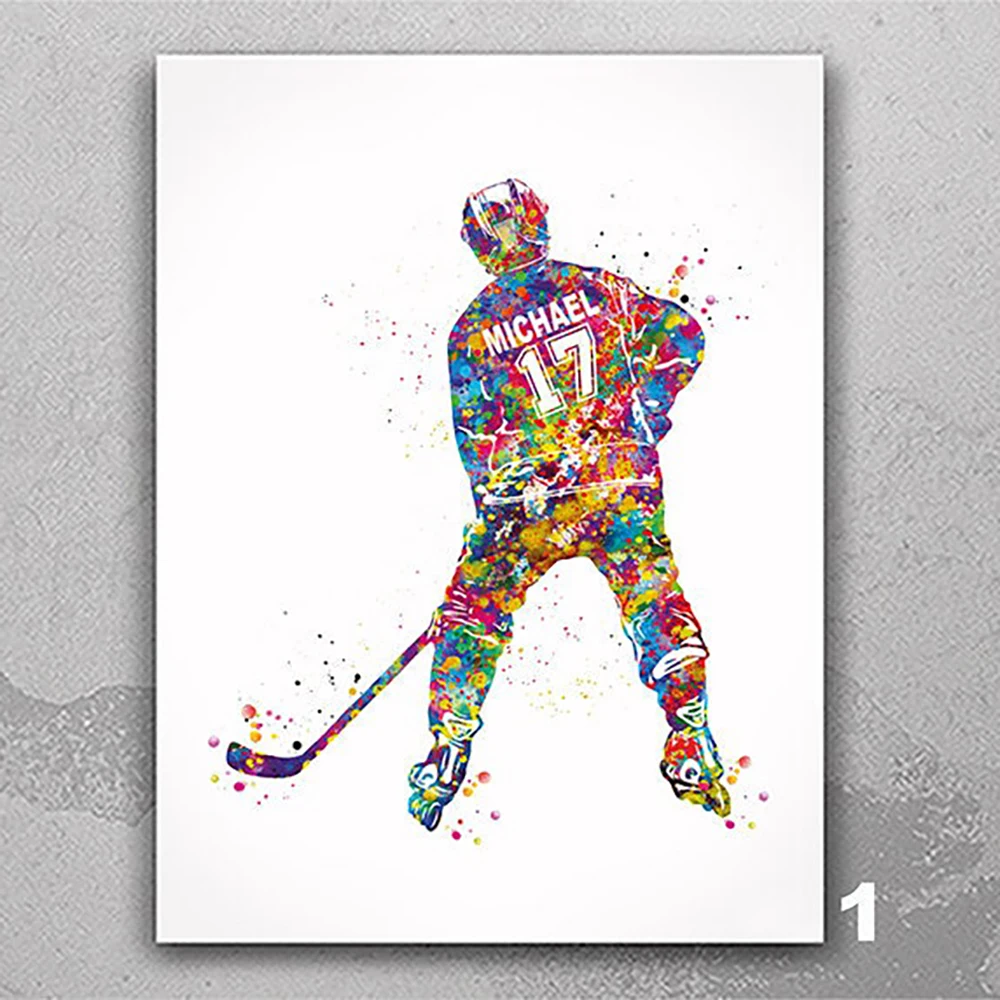 Personalized Ice Hockey Player Watercolor Poster Print Custom Hockey Name & Number Canvas Painting Bedroom Decor Man Gift