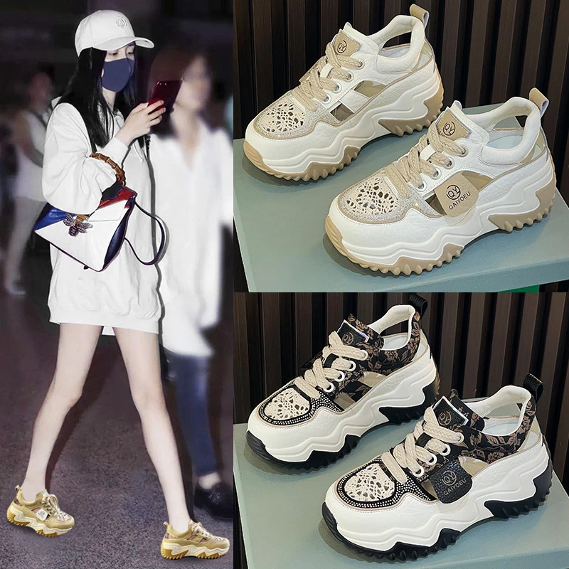 

Womens Cut Out Rhinestone Platform Chunky Sneakers Hidden Heel Lift Casual Lace Up Shoes In Beige Pink For Summer Daily Street