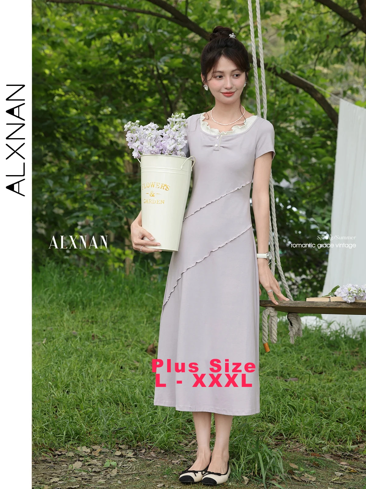 

ALXNAN Plus Size Purple Dress Long Elegant Holiday Women's Dress 2025 Summer A-line Casual Short Sleeve Ladies Clothing D10275