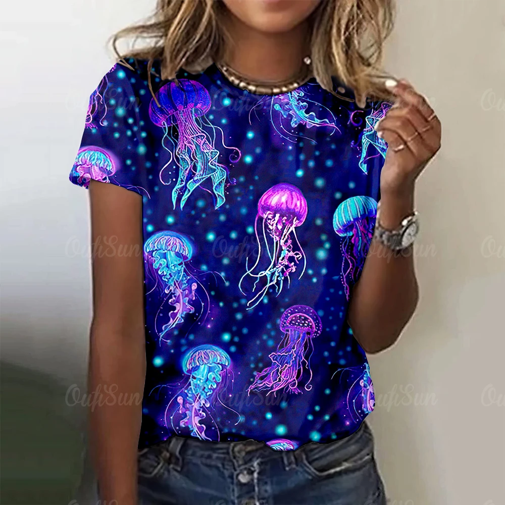 Marine Animals Print Sea Turtle Jellyfish Pattern Tees Street Casual Women\'s T-shirts Fashion Short Sleeves Women Clothing