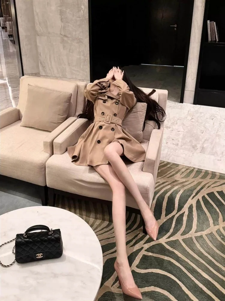 

Женское модное пальто больших размеров цвета хаки, двубортное, с зауженной талией, стройнящее, для повседневной носки, весенний сезон, с отложным воротником, длинный рукав