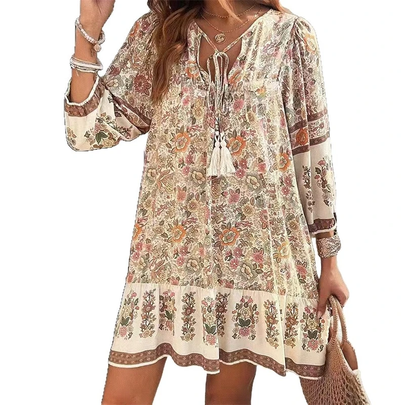 여성용 캐주얼 프린트 루즈핏 롱 슬리브 V넥 레이스업 빈티지 풀오버 드레스, 여성 보헤미안 휴가 의류