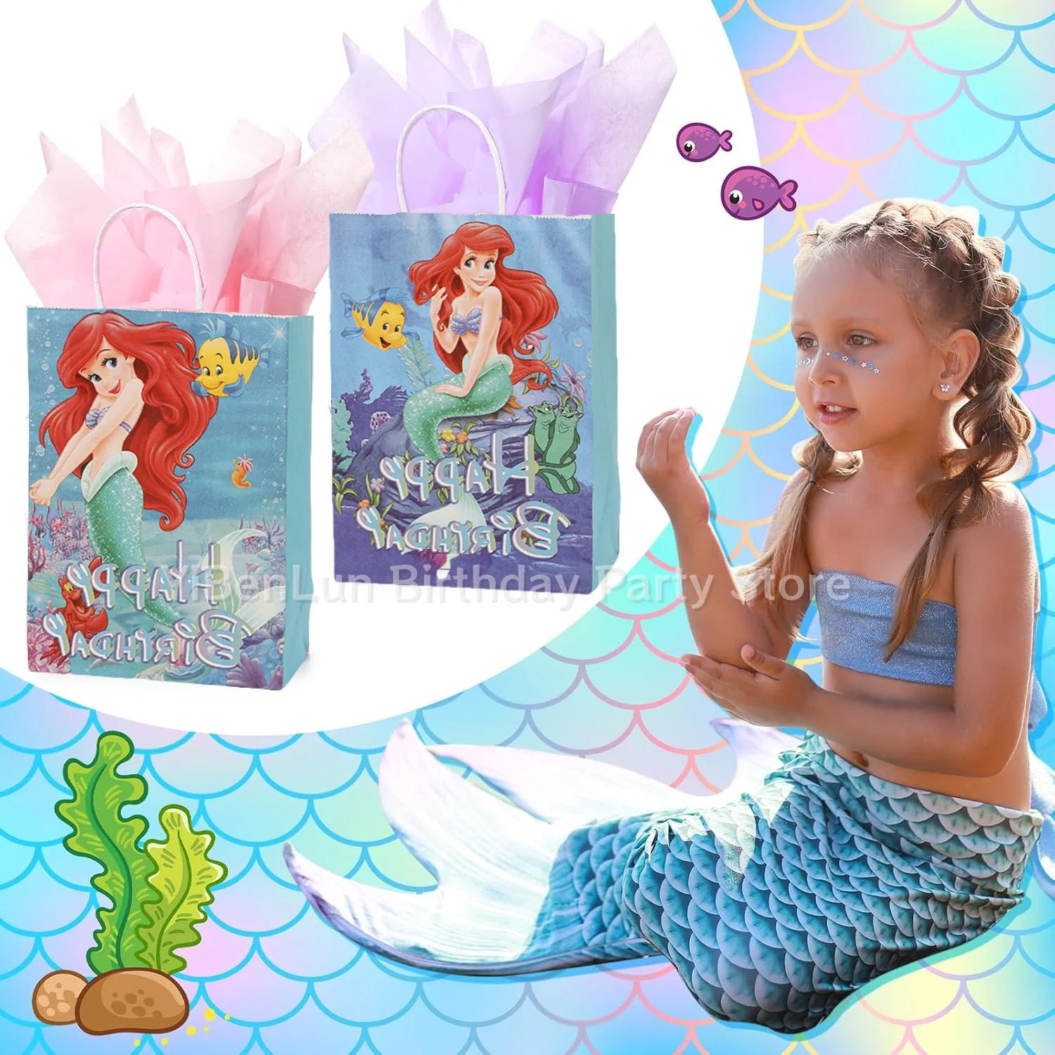 Mermaid Handle Kraft Gift Bag Birthday Decor Mermaid Paper Cookie Candy Gift Packaging Bag Baby Shower Girl Favor Party Supplies