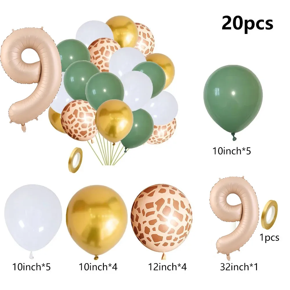 20pcs Jungle Animal Theme Party Sage Green Balloon Caramel Number 0-9 Foil Balloons Happy Birthday Party Baby Shower Decoration