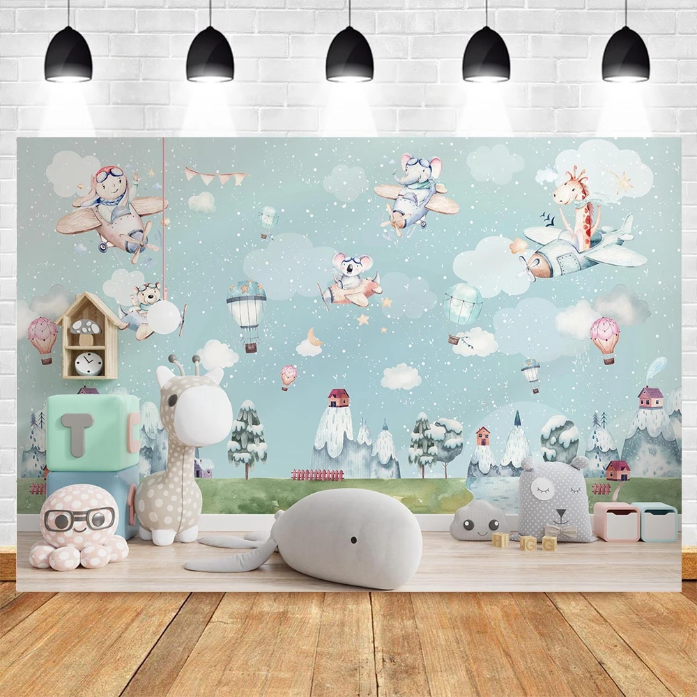 Newborn Photography Backdrop Hot Air Balloon Cartoon Bear Baby 1st Birthday Decor Room Decor Photocall Background Photo Studio