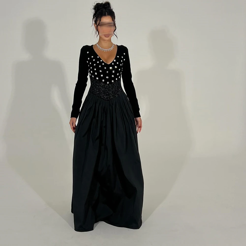 

Customized V-neck Simple Black Jersey Evening Dress With Crystal Full Sleeves Pleat Party Dress A-line Floor Length Prom Gown