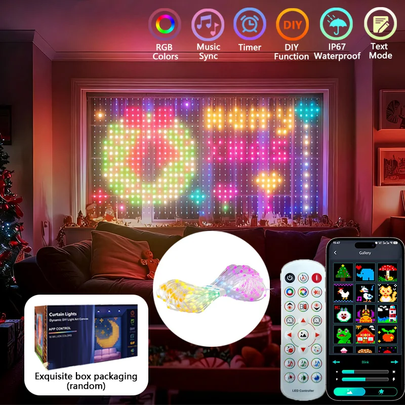 أضواء الستار الذكية RGBIC LED نافذة سلسلة أضواء APP التحكم عن بعد DIY نمط النص المشهد لعطلة عيد الميلاد الزفاف