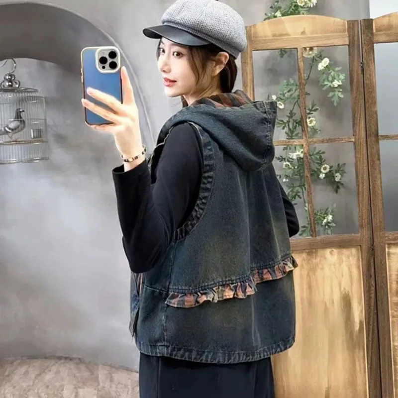 Spring Autumn Lady Printing Denim Sleeveless Jacket Female Cowboy Waistcoat Top Retro Women Fashion Hooded Waistcoat Coat