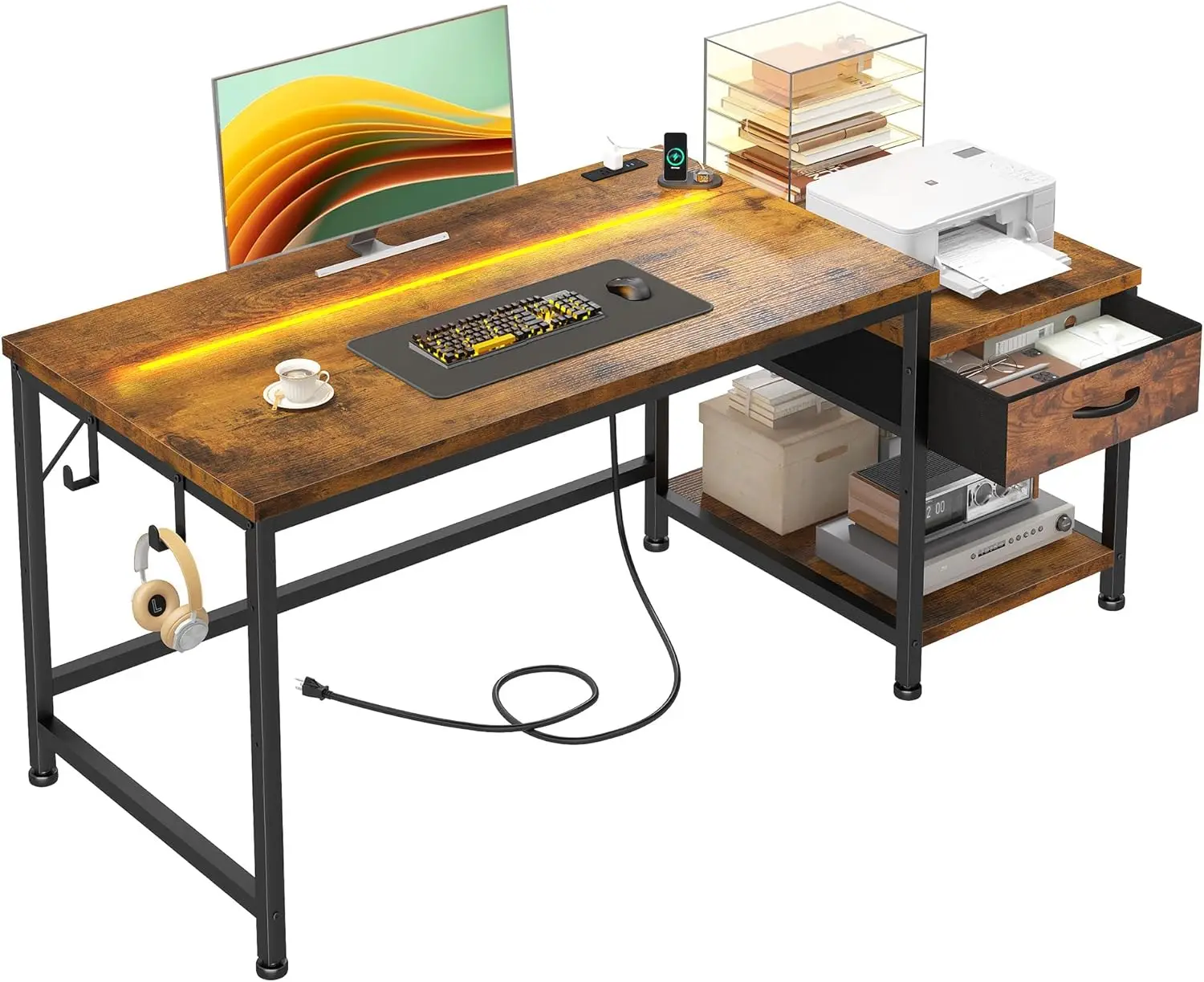 

48.1 Inch Computer Desk,Reversible Office Desk with LED Lights & Power Outlets,Writing Desk with Wide Tabletop for Study