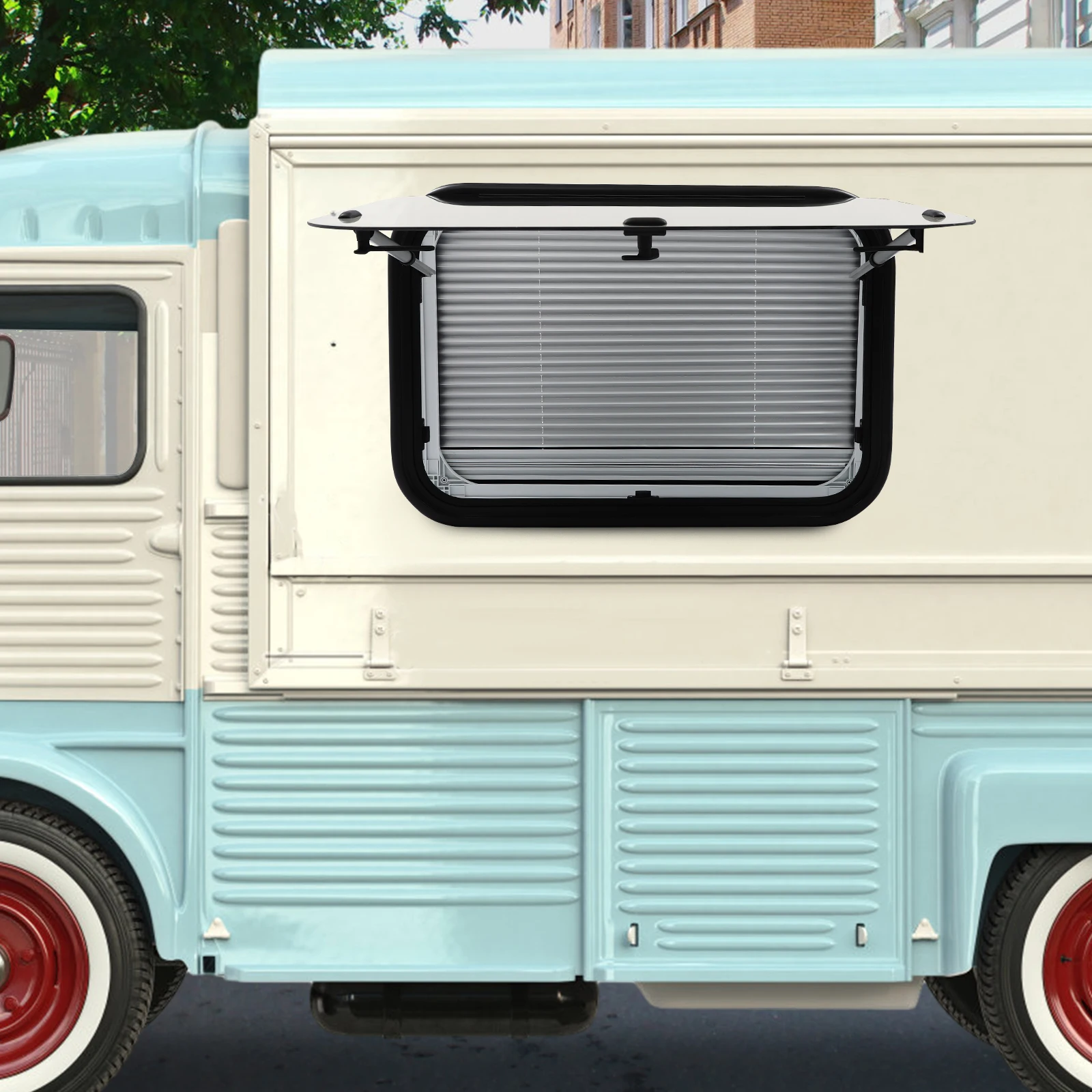 Jendela Dorong Sudut Membulat RV 75x50cm dari Aluminium Alloy dengan Kaca Tempered dan Layar, Bukaan 65 Derajat untuk Camper Van