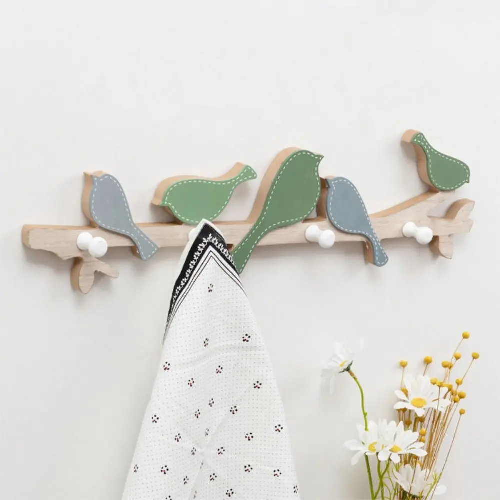 4 Hooks Bird Shape Wall Hooks Wall Mount Creative Wood Key Hook Rack Non-toxic Cute Closet Organizer Holder Kids Room