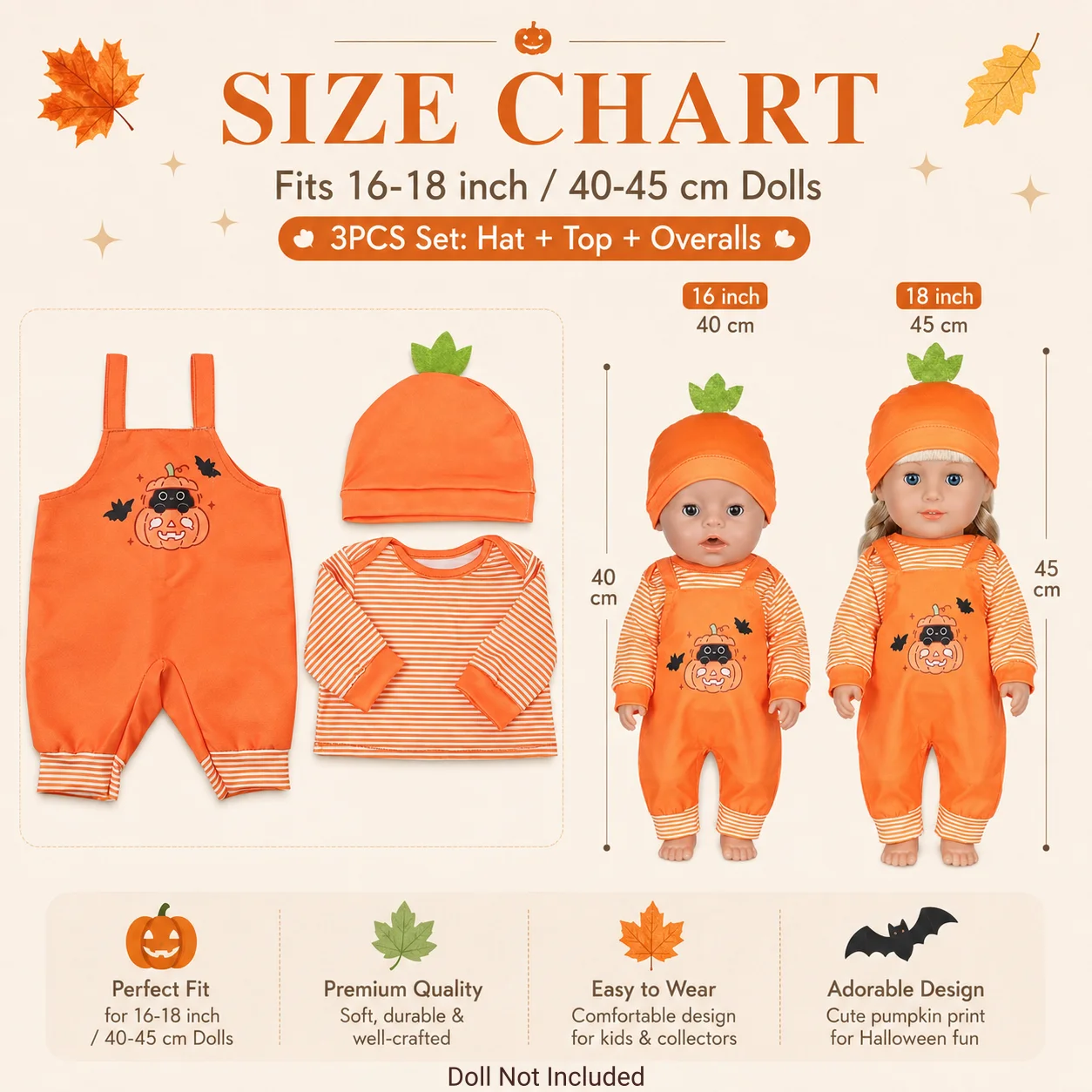 Halloween Doll Clothes 3PCS Set for 16-18 Inch Reborn Baby Doll Pumpkin Outfit Hat Top Overalls for 40-45cm Doll Toys Girls Gift - view 5