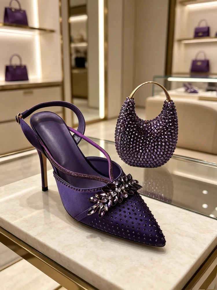 

Dark Purple T-Strap Floral Rhinestone Slingback Heels & Ring Handle Crystal Handbag Set Women Runway Evening Wedding Dress Shoes