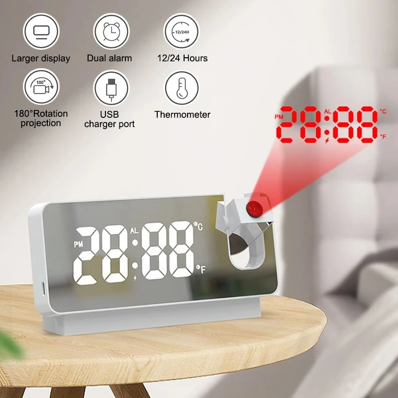 Color 180 ° rotating LED digital projection alarm clock USB electronic ceiling projector alarm clock bedside table clock