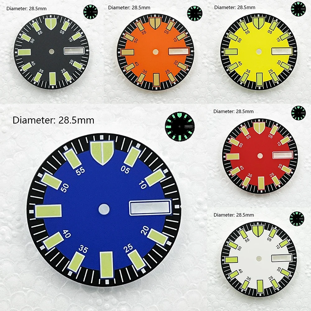 28.5mm Monster Tooth Index Custom Logo Aseptic Parts Dial Green Luminous Date Day Dial Fit NH35/NH36 Watches Parts Replacement