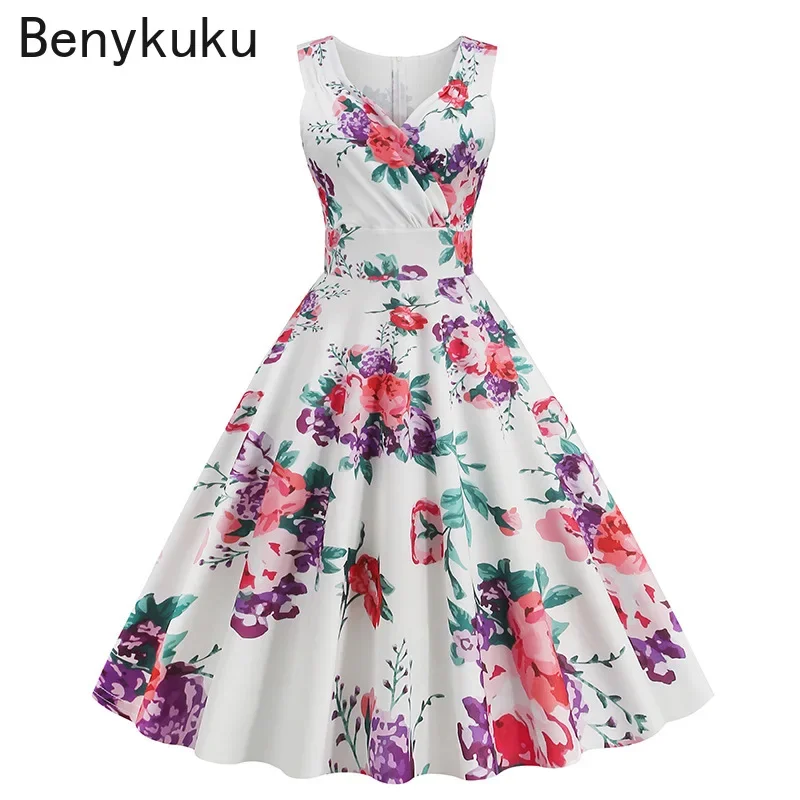 Retro Floral Print Rockabilly 1960s Dress Women Sleeveless V Neck A Line Dresses Summer Party 50s Vintage Dress Elegant Vestidos