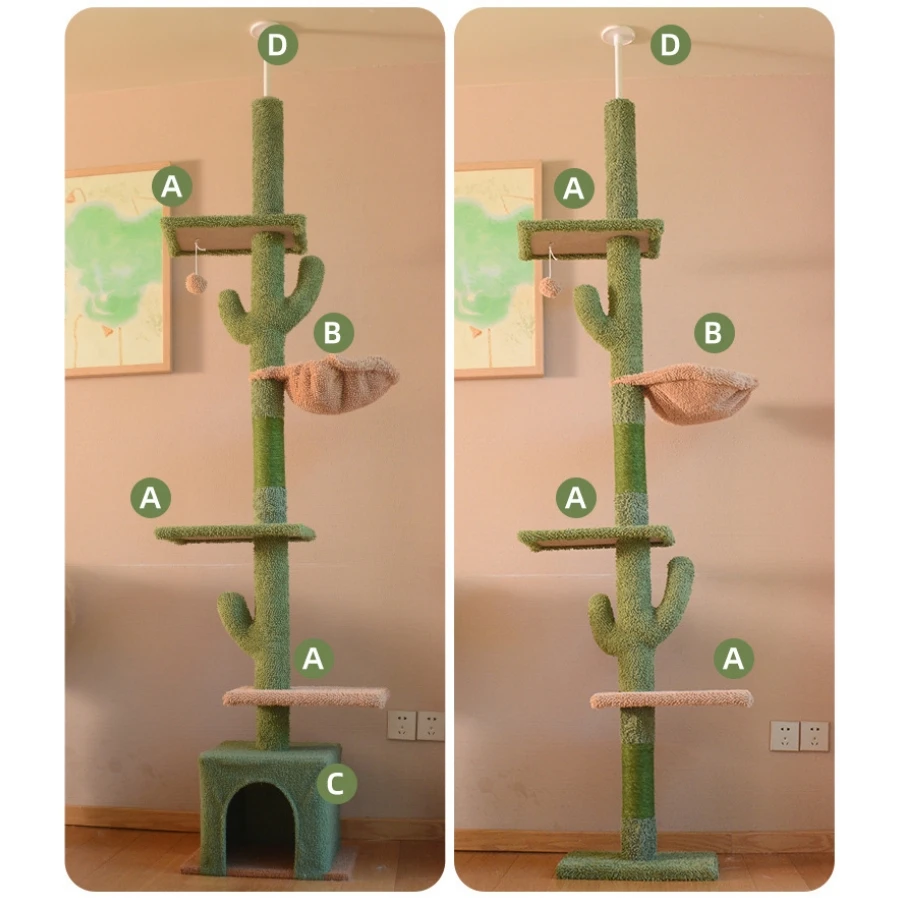 Floor to Ceiling Cat Tree Tower, Tall Climbing Tree with Scratching Post, Hammock with Dangling Ball, Indoor Cat Toys, 5-Layer