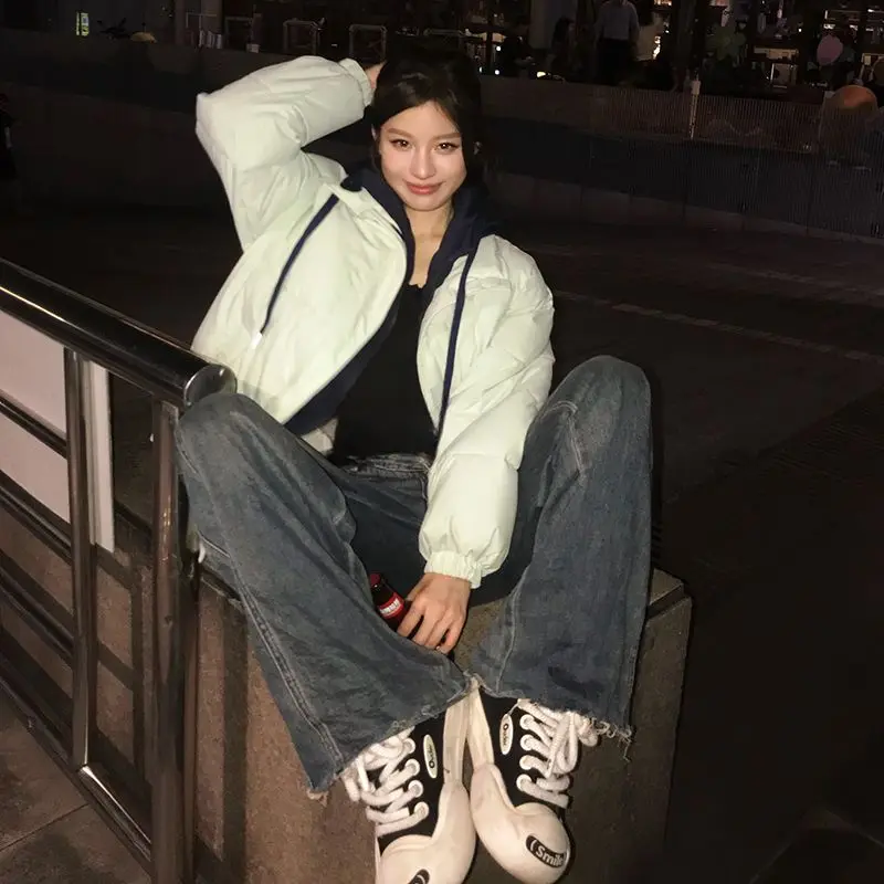 

Parkas Womens Femme Autumn Polyester Patchwork Cropped Ribbed Cuffs Buttoned Waistband Stand-Collar College Youthwear Stylish OL