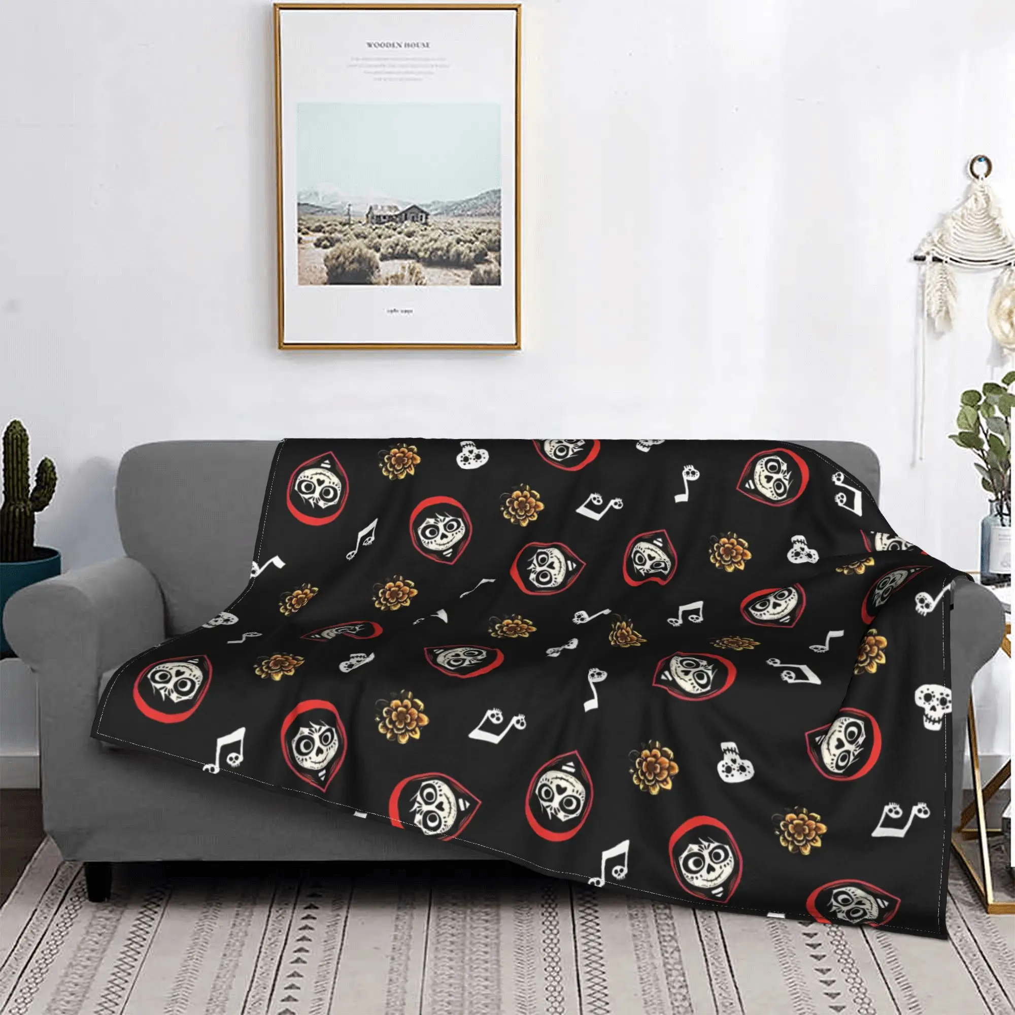 C-Coco Day of The Dead Cartoon Fleece Throw Blanket Guitar Thankgiving Blankets Sofa Bedspreads Super Soft Rug Piece Portable