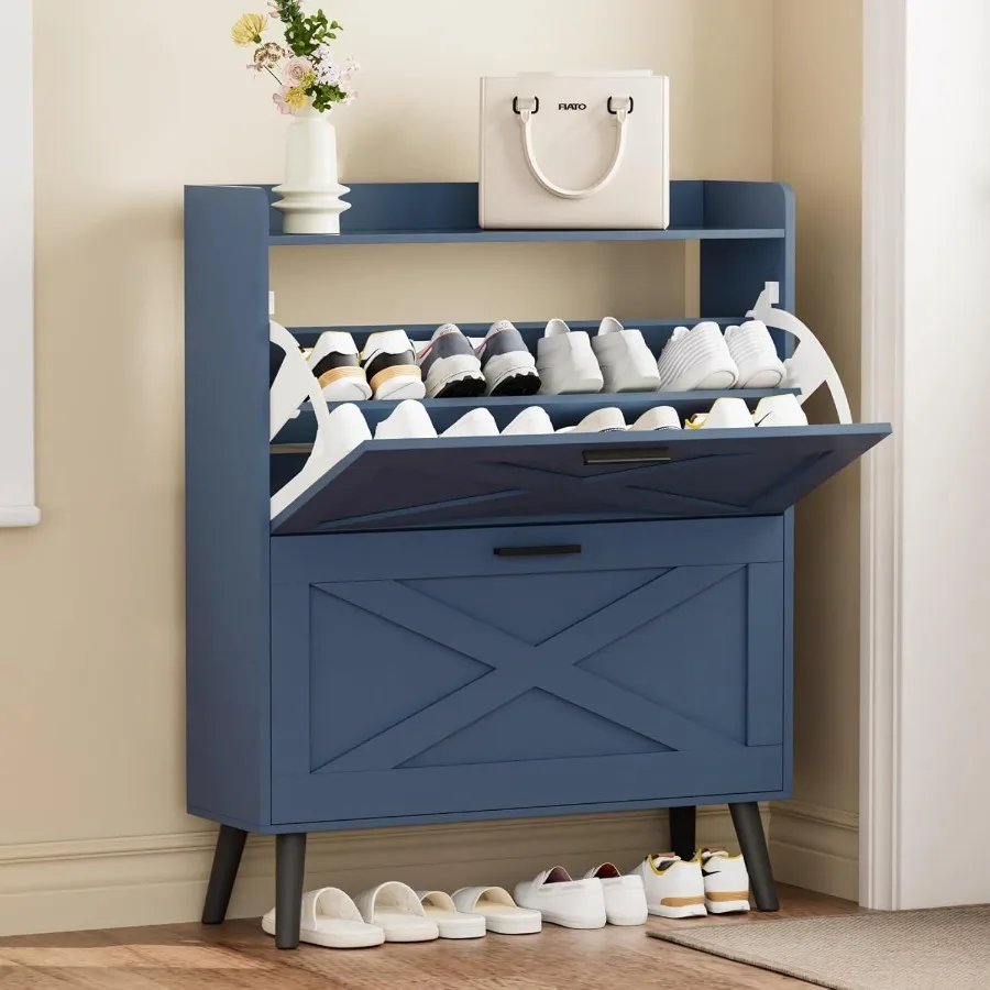 خزانة تخزين أحذية المزرعة بقدرة 32 وات مع درجين قابلين للطي وتصميم باب الحظيرة وأرفف قابلة للتعديل حذاء ضيق ونحيف مخفي حديث