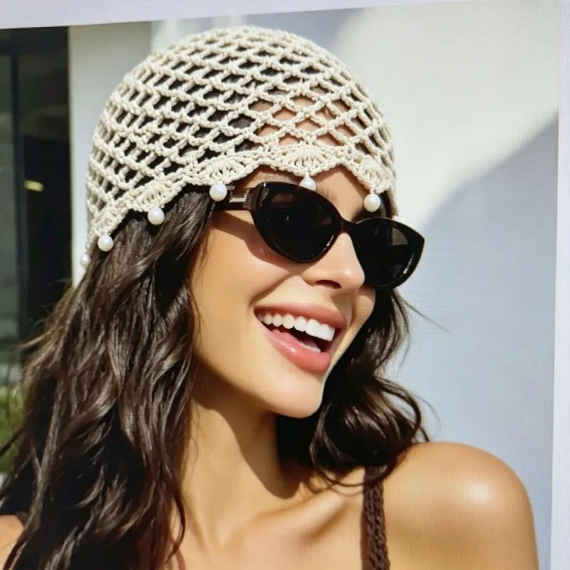 Bohemian Small Sequin Pearl Pendant Mesh Hollow Hat Women'S Decorative Hat for Beach Vacation Travel Party, Gift for Friends
