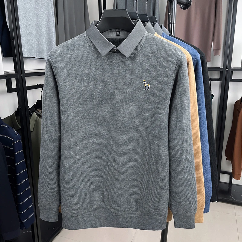 Luxe wollen nep tweedelige trui high-end merk prachtig borduurwerk comfort textuur casual trui trend revers herenkleding