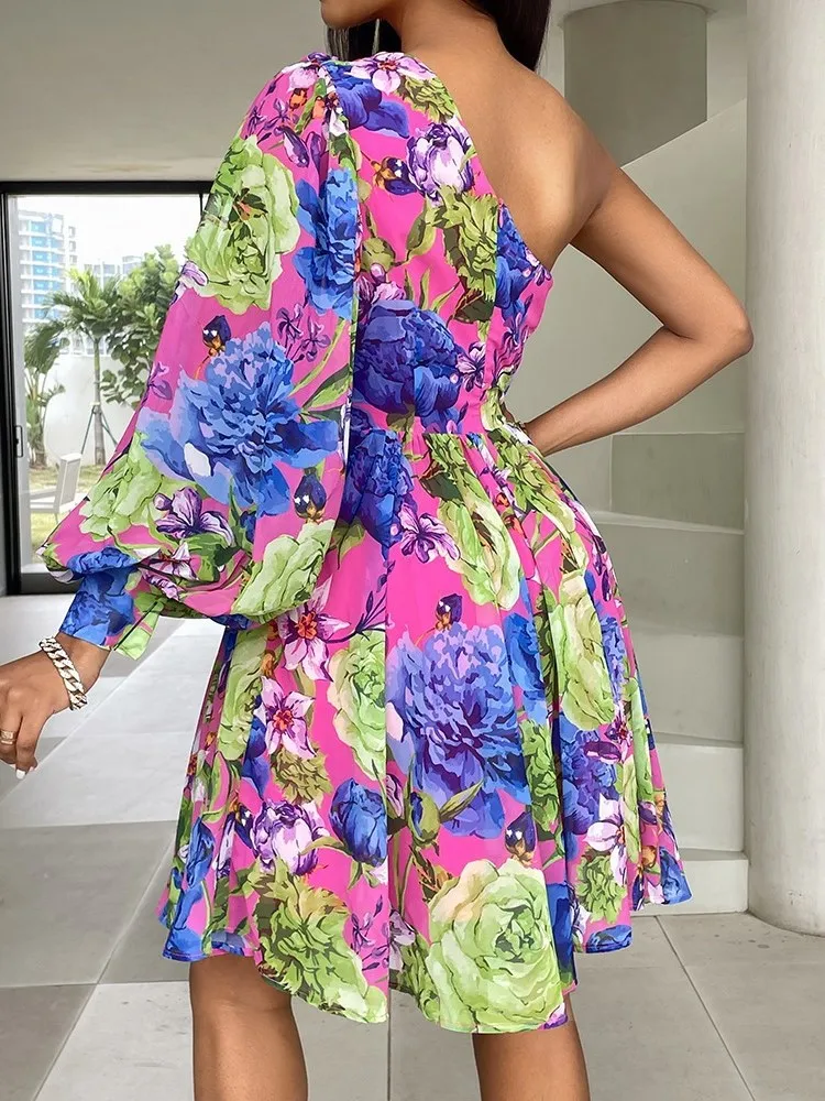 Nuovo Boho Stampa Abito da donna Primavera Moda Sexy con spalle scoperte Ufficio Elegnat Abiti casual Abito da festa femminile Robe Femme