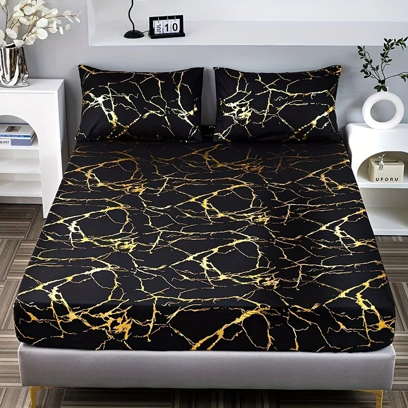 Soft Microfiber Modern Marble Printed Fitted Sheet Set with Elasticated Corner Home Bedroom Decor Bedding Set