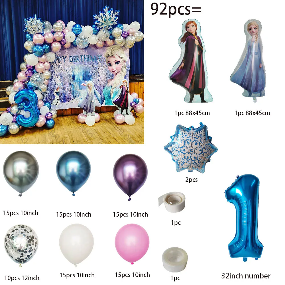 92 Uds. Fondo de pared con tema de Disney, decoración de fiesta de Frozen, globos de aluminio de Elsa y Anna, bola de números, fiesta de cumpleaños para niñas y niños