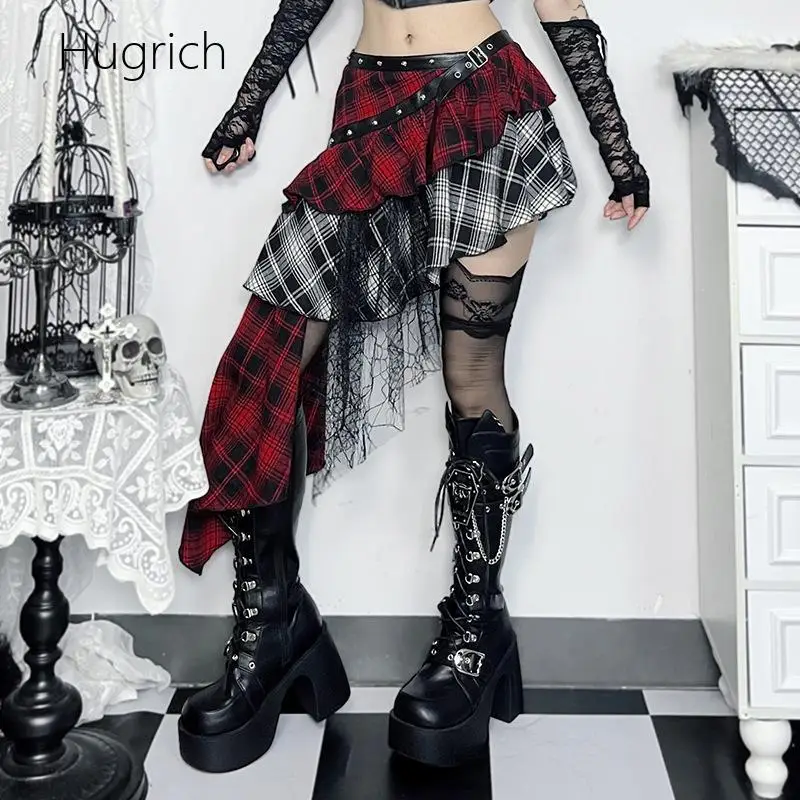 Women Gothic Colorblock Plaid Skort High Waist Pu Belt Lace Irregular Asymmetric Mini Skirt