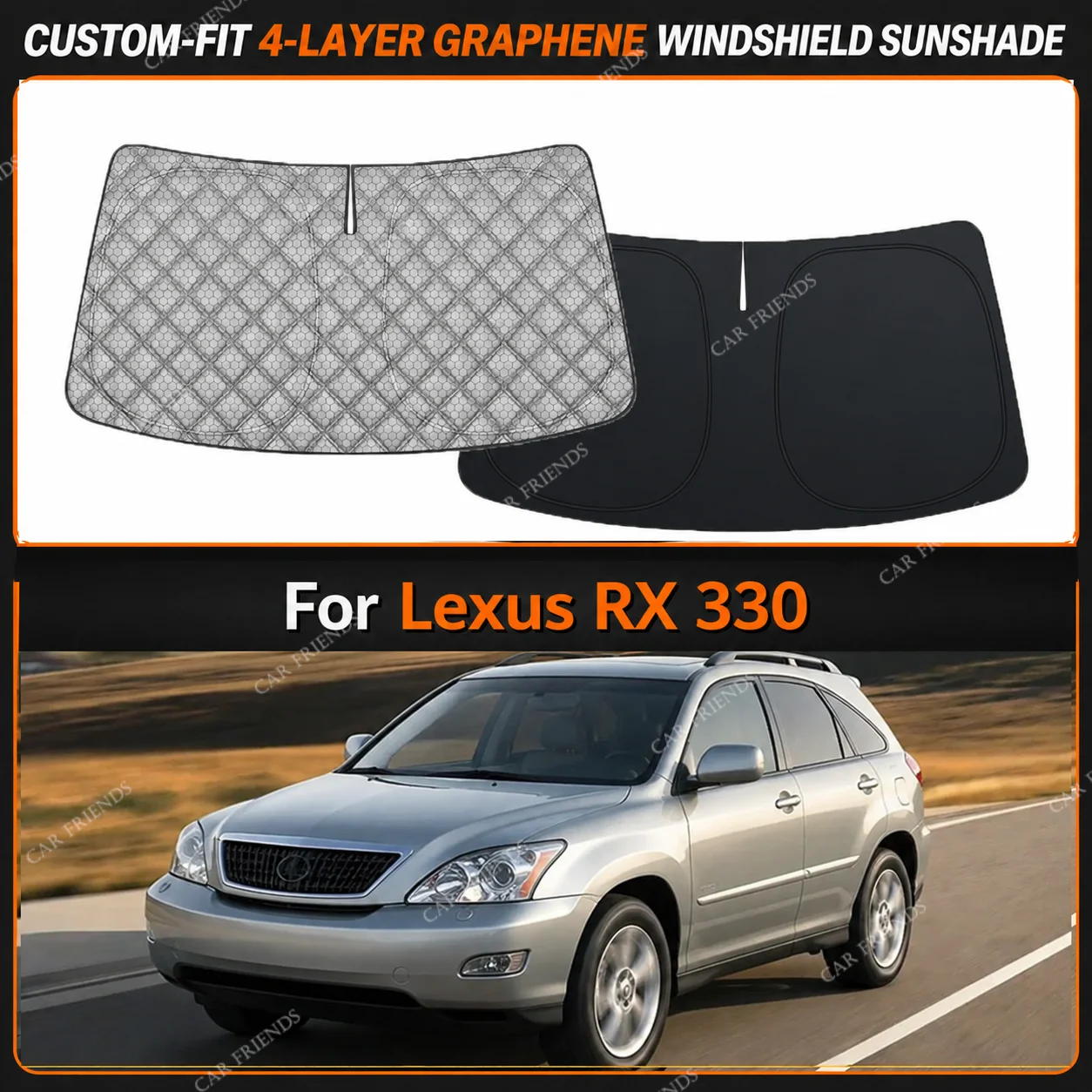 For Lexus RX 330 Custom-Fit 4-Layer Graphene Windshield Sunshade Reflective Gray-Silver Surface Helps Reduce Direct Sunlight