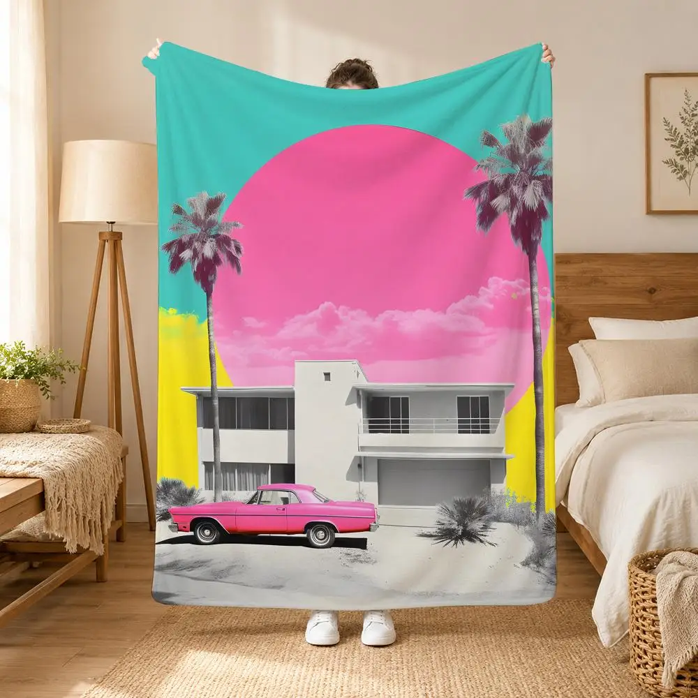 California Sunset Colorful Collage Art Throw Blanket Soft Flannel Throw Lightweight Summer Home Nap for Office Travel Sofa Bed