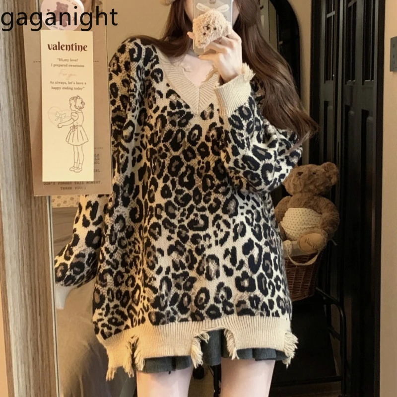 Gaganight Women Korean Long Sleeved Sweater Broken Holes 2024 Autumn New Rough Edges Mid Long Length Leopard Print Knitted Top