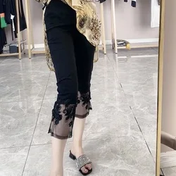 Solid Color Thin Slim Ladies Pencil Summer Fashion Patchwork Lace Hollow Out High Waist Women's Clothing Black Calf-Length Pants